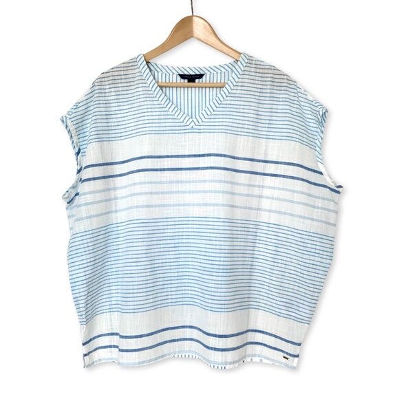 Tommy Hilfiger Sleeveless Oversized Stripped V Neck Top Coastal Grandma Resort - Picture 1 of 12